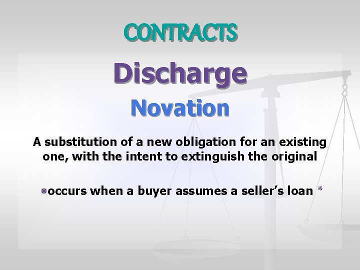 CONTRACTS Discharge Novation A substitution of a new obligation for an existing one, with