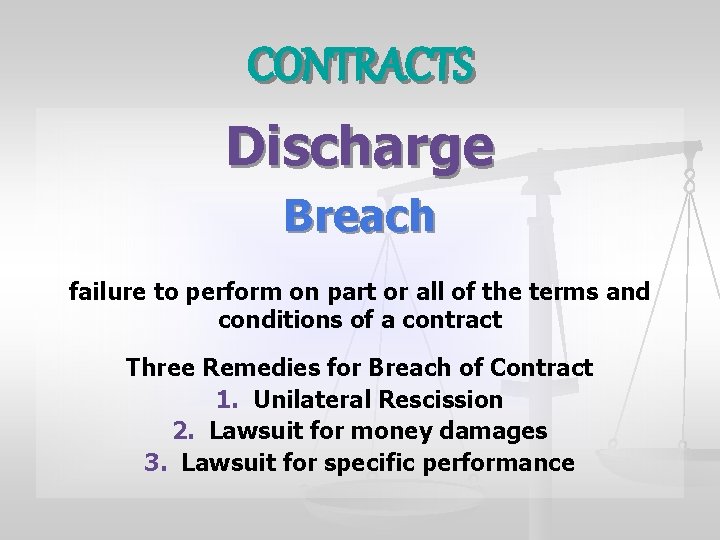 CONTRACTS Discharge Breach failure to perform on part or all of the terms and