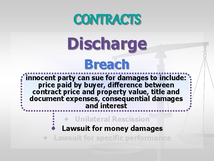 CONTRACTS Discharge Breach innocent party can sue for damages to include: price paid by