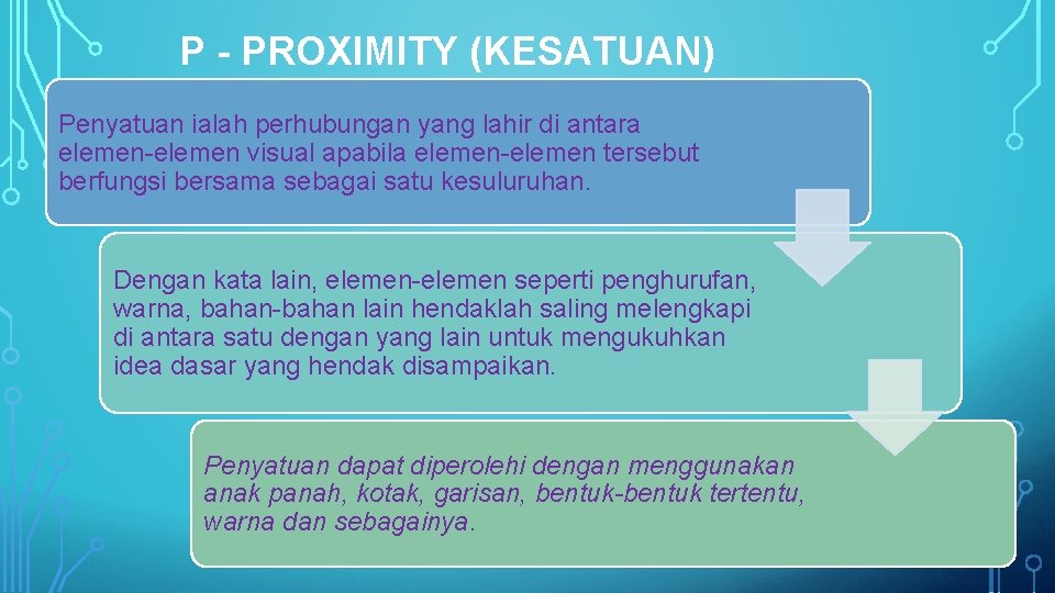 P - PROXIMITY (KESATUAN) Penyatuan ialah perhubungan yang lahir di antara elemen-elemen visual apabila P - PROXIMITY (KESATUAN) Penyatuan ialah perhubungan yang lahir di antara elemen-elemen visual apabila