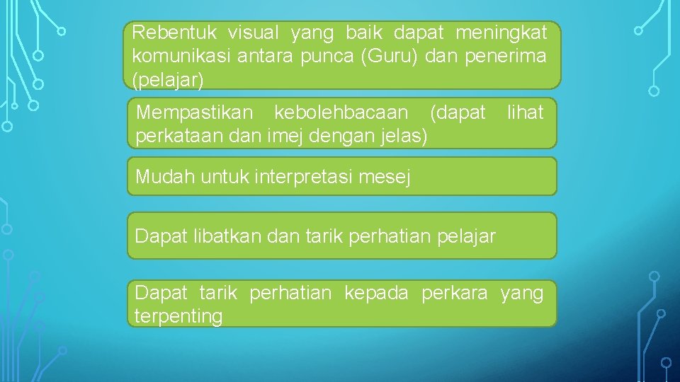 Rebentuk visual yang baik dapat meningkat komunikasi antara punca (Guru) dan penerima (pelajar) Mempastikan