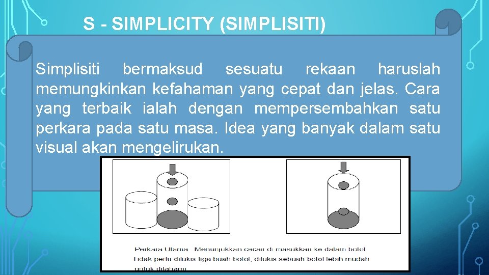 S - SIMPLICITY (SIMPLISITI) Simplisiti bermaksud sesuatu rekaan haruslah memungkinkan kefahaman yang cepat dan