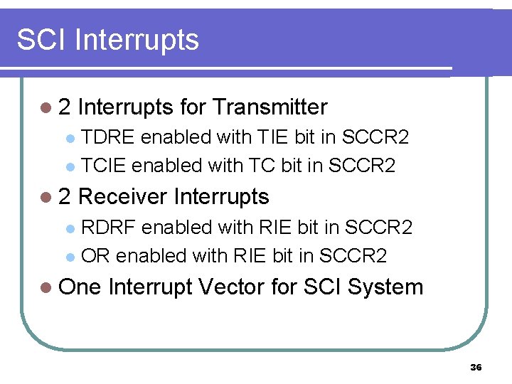 SCI Interrupts l 2 Interrupts for Transmitter TDRE enabled with TIE bit in SCCR