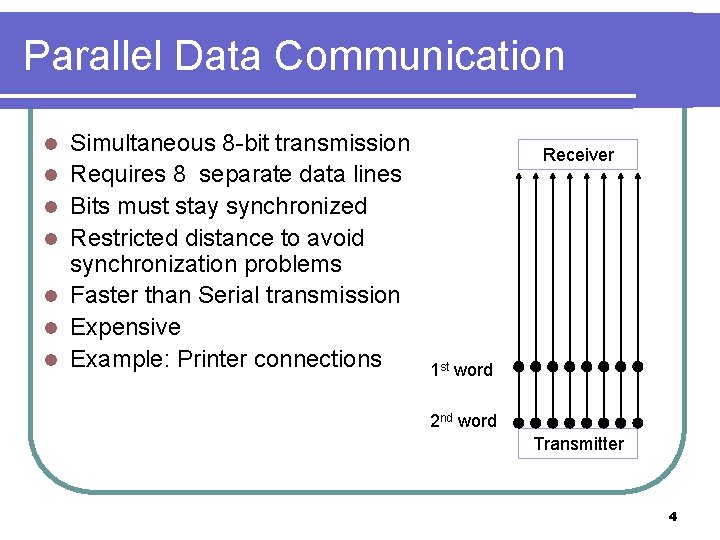 Parallel Data Communication l l l l Simultaneous 8 -bit transmission Requires 8 separate