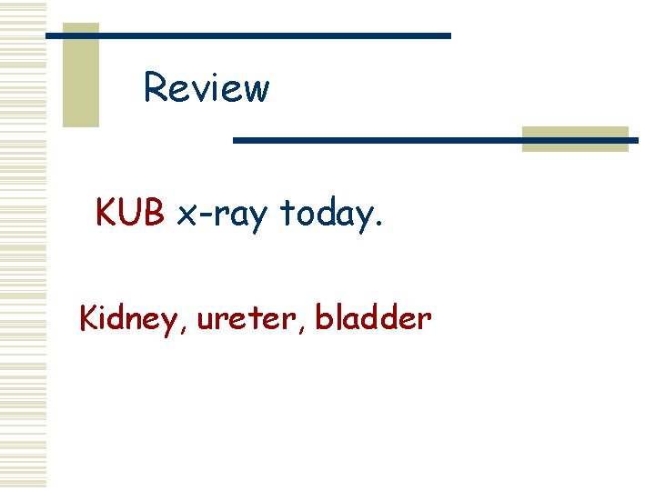 Review KUB x-ray today. Kidney, ureter, bladder 