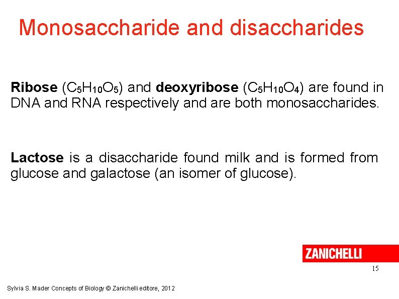 Monosaccharide and disaccharides Ribose (C 5 H 10 O 5) and deoxyribose (C 5