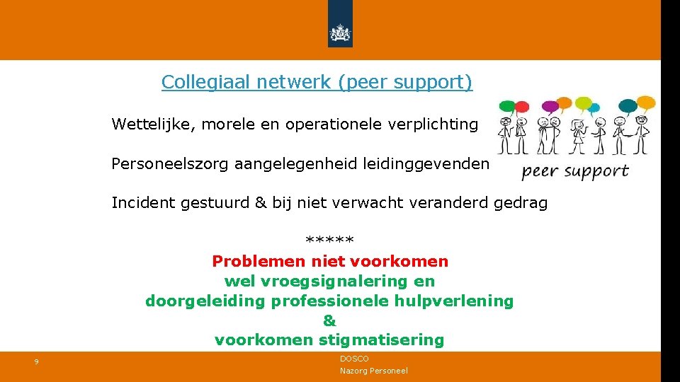 Collegiaal netwerk (peer support) Wettelijke, morele en operationele verplichting Personeelszorg aangelegenheid leidinggevenden Incident gestuurd