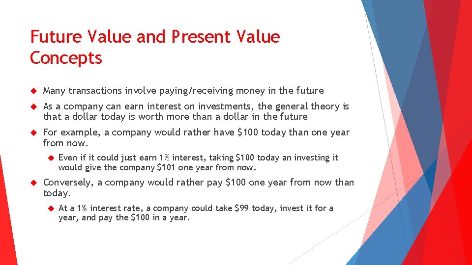 Future Value and Present Value Concepts Many transactions involve paying/receiving money in the future