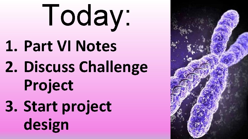 Today: 1. Part VI Notes 2. Discuss Challenge Project 3. Start project design 