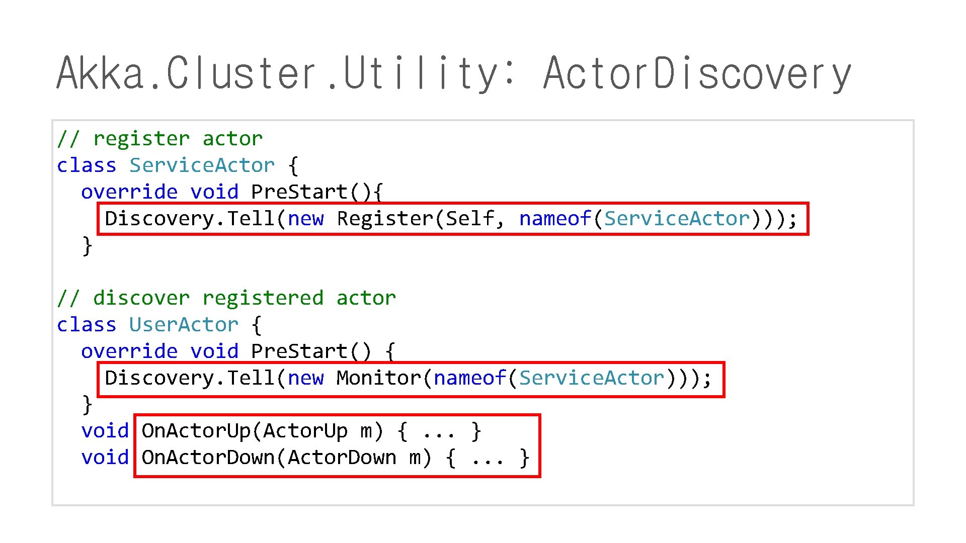 Akka. Cluster. Utility: Actor. Discovery // register actor class Service. Actor { override void