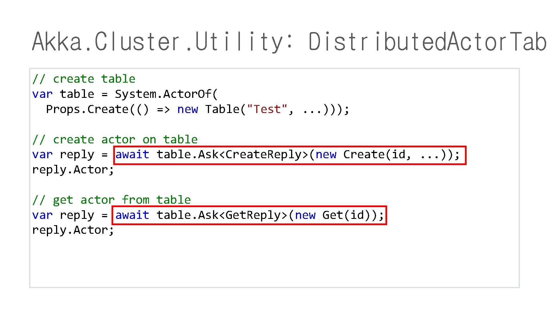 Akka. Cluster. Utility: Distributed. Actor. Tabl // create table var table = System. Actor.