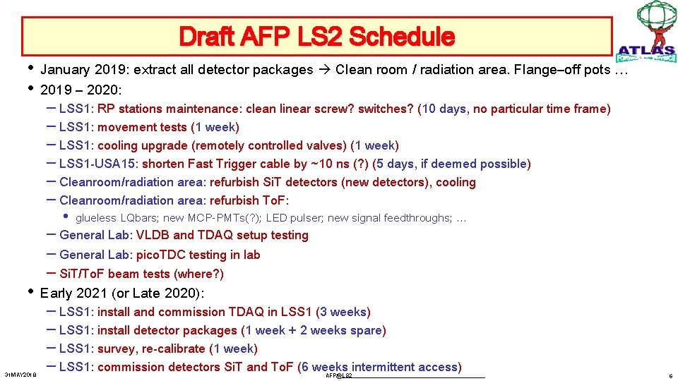 Draft AFP LS 2 Schedule • January 2019: extract all detector packages Clean room