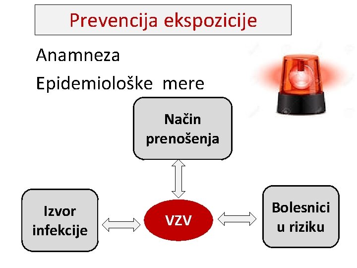 Prevencija ekspozicije Anamneza Epidemiološke mere Način prenošenja Izvor infekcije VZV Bolesnici u riziku 