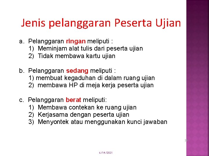Jenis pelanggaran Peserta Ujian a. Pelanggaran ringan meliputi : 1) Meminjam alat tulis dari