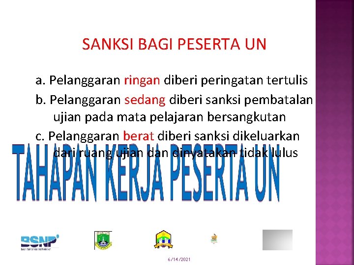 SANKSI BAGI PESERTA UN a. Pelanggaran ringan diberi peringatan tertulis b. Pelanggaran sedang diberi