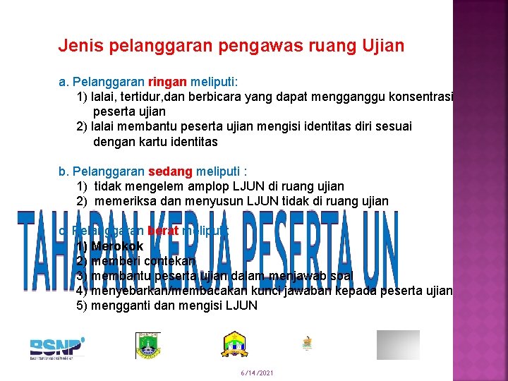 Jenis pelanggaran pengawas ruang Ujian a. Pelanggaran ringan meliputi: 1) lalai, tertidur, dan berbicara
