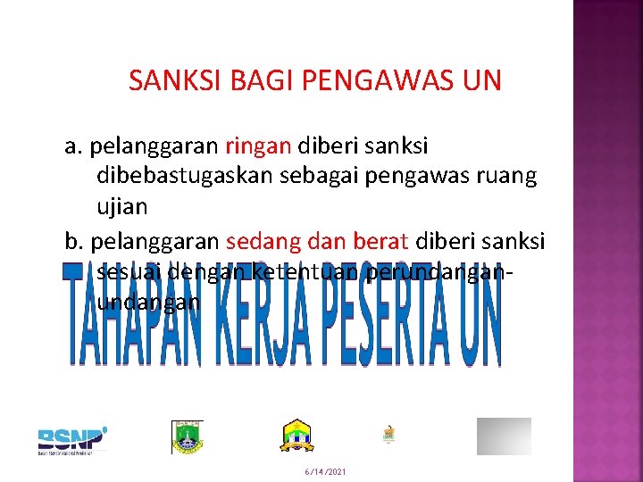 SANKSI BAGI PENGAWAS UN a. pelanggaran ringan diberi sanksi dibebastugaskan sebagai pengawas ruang ujian