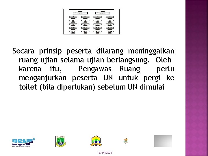 Secara prinsip peserta dilarang meninggalkan ruang ujian selama ujian berlangsung. Oleh karena itu, Pengawas