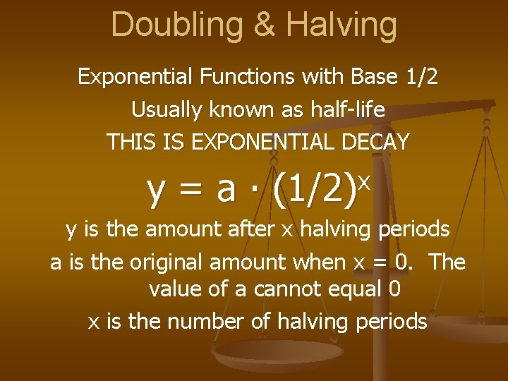 Doubling & Halving Exponential Functions with Base 1/2 Usually known as half-life THIS IS