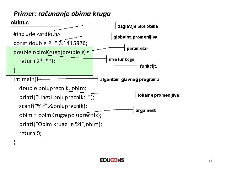 Primer: računanje obima kruga obim. c zaglavlje biblioteke #include <stdio. h> globalna promenljiva const