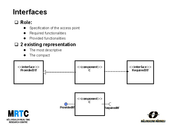 Interfaces q Role: l l l Specification of the access point Required functionalities Provided