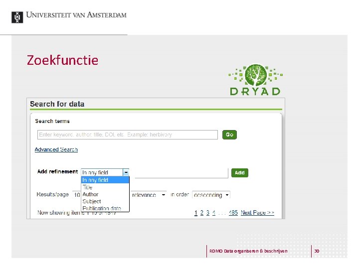 Zoekfunctie RDMO Data organiseren & beschrijven 30 