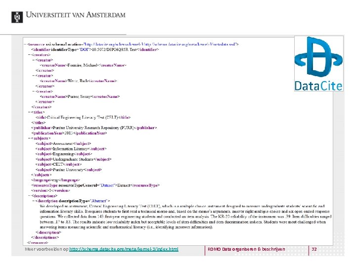 Data. Cite properties Meer voorbeelden op http: //schema. datacite. org/meta/kernel-3/index. html RDMO Data organiseren