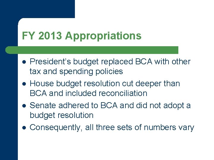 FY 2013 Appropriations l l President’s budget replaced BCA with other tax and spending