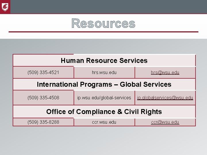 Resources Human Resource Services (509) 335 -4521 hrs. wsu. edu hrs@wsu. edu International Programs