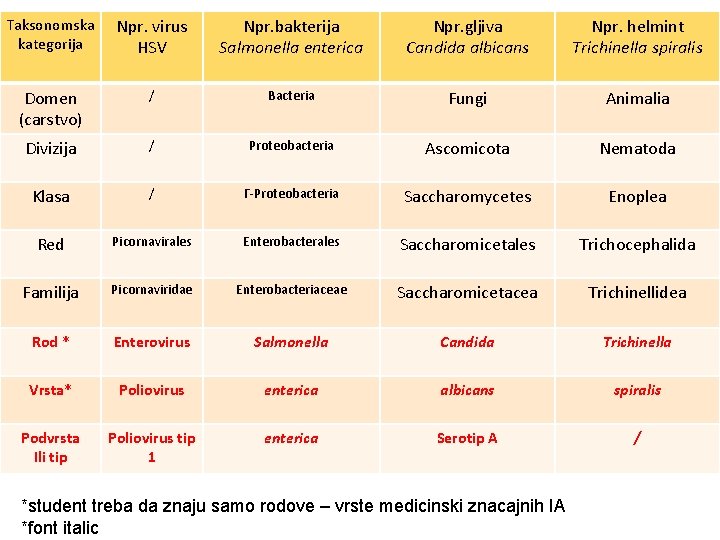 Taksonomska kategorija Npr. virus HSV Npr. bakterija Salmonella enterica Npr. gljiva Candida albicans Npr.