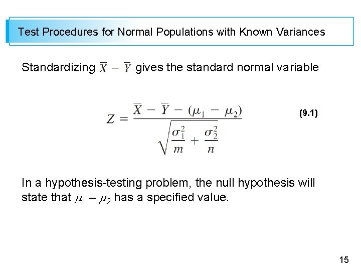 Test Procedures for Normal Populations with Known Variances Standardizing gives the standard normal variable