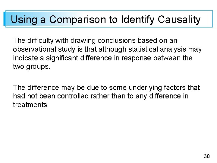 Using a Comparison to Identify Causality The difficulty with drawing conclusions based on an