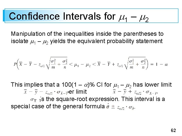 Confidence Intervals for 1 – 2 Manipulation of the inequalities inside the parentheses to