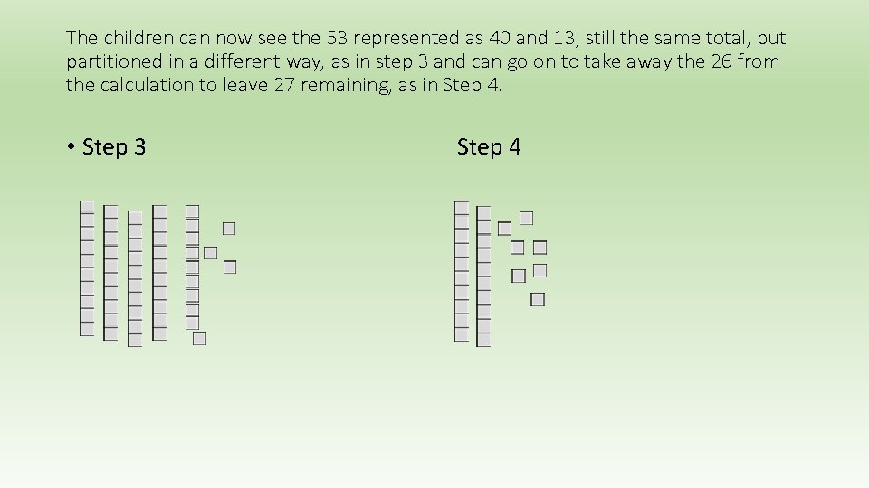 The children can now see the 53 represented as 40 and 13, still the