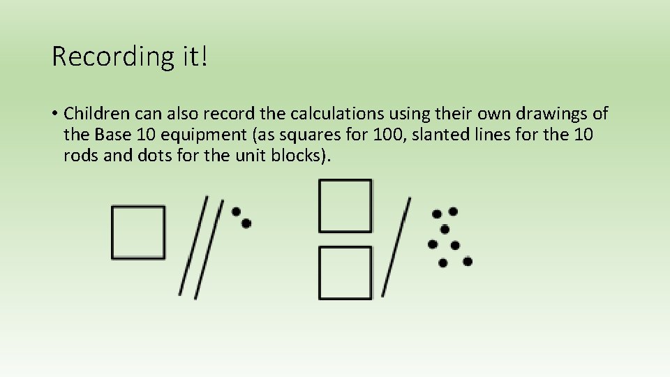 Recording it! • Children can also record the calculations using their own drawings of