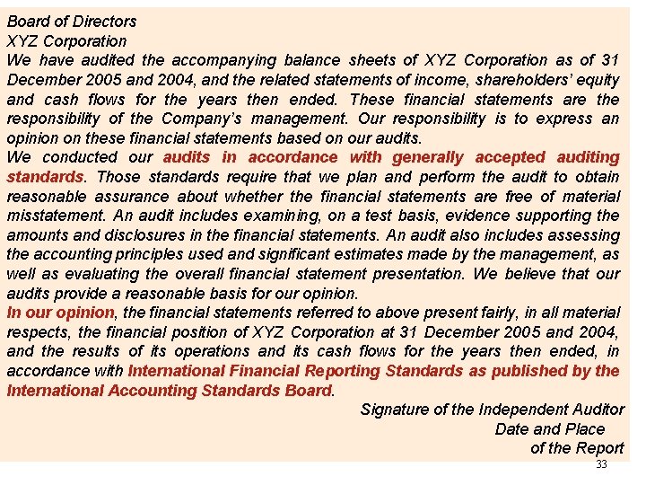 Board of Directors XYZ Corporation We have audited the accompanying balance sheets of XYZ