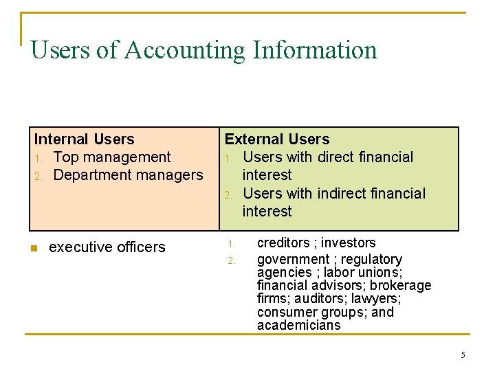Users of Accounting Information Internal Users 1. Top management 2. Department managers n executive