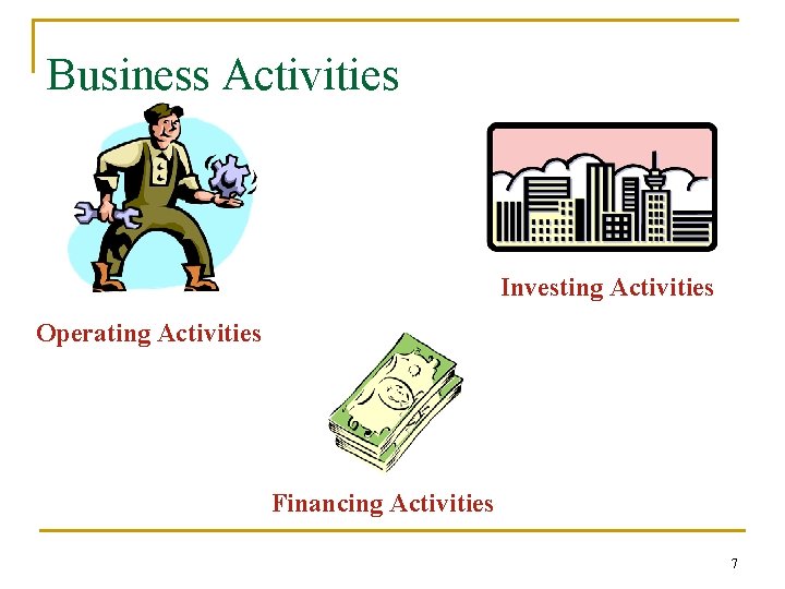Business Activities Investing Activities Operating Activities Financing Activities 7 