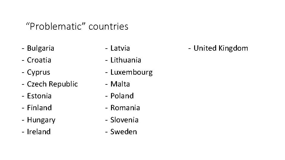 “Problematic” countries - Bulgaria Croatia Cyprus Czech Republic Estonia Finland Hungary Ireland - Latvia
