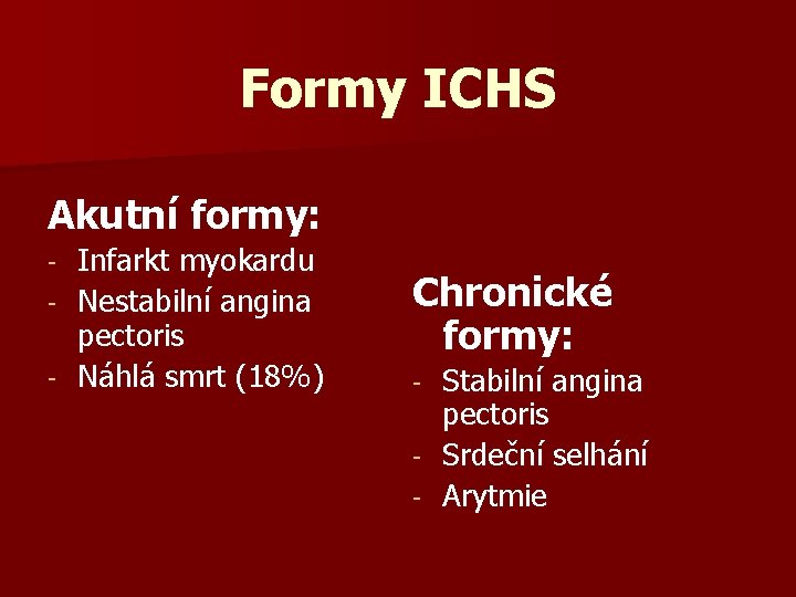 Formy ICHS Akutní formy: Infarkt myokardu - Nestabilní angina pectoris - Náhlá smrt (18%)