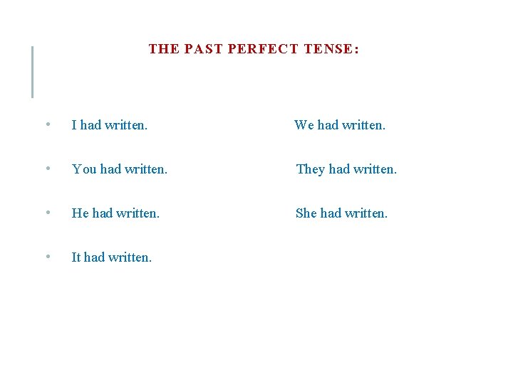 THE PAST PERFECT TENSE: • I had written. We had written. • You had