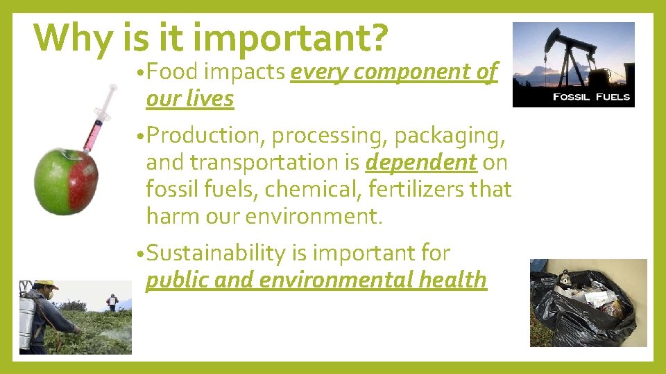 Why is it important? • Food impacts every component of our lives • Production,