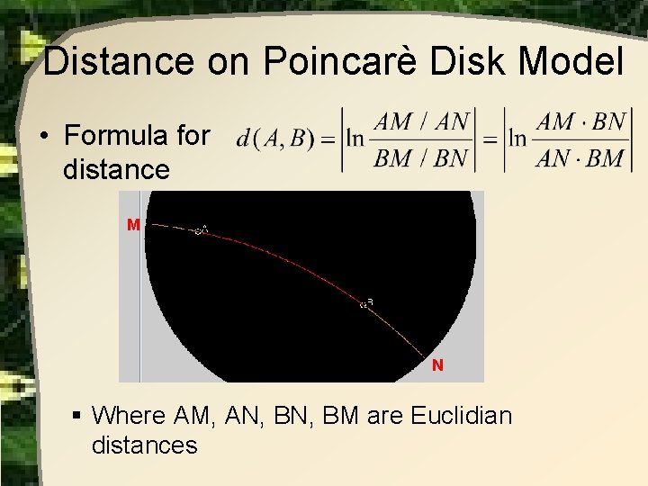 Distance on Poincarè Disk Model • Formula for distance M N § Where AM,