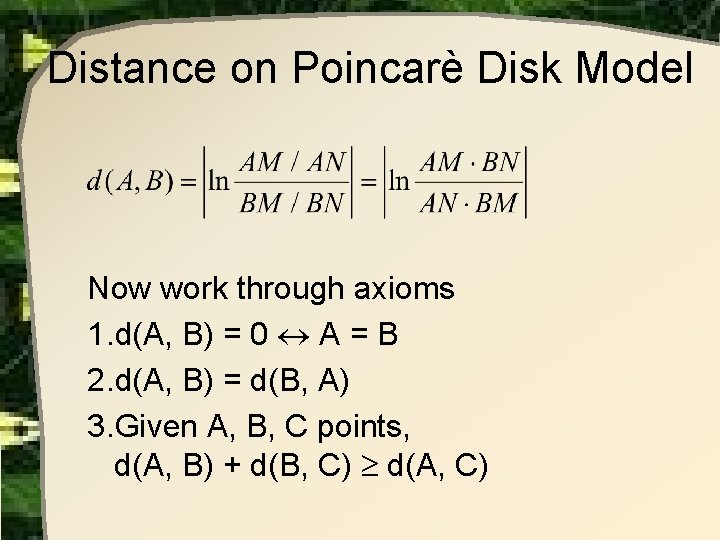 Distance on Poincarè Disk Model Now work through axioms 1. d(A, B) = 0
