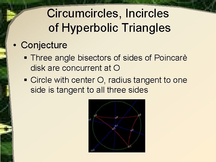 Circumcircles, Incircles of Hyperbolic Triangles • Conjecture § Three angle bisectors of sides of