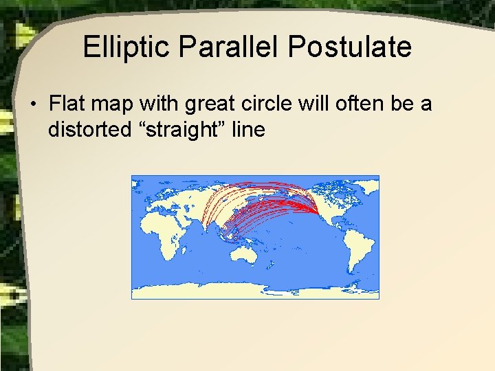 Elliptic Parallel Postulate • Flat map with great circle will often be a distorted