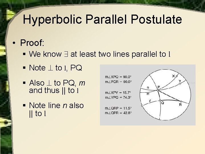 Hyperbolic Parallel Postulate • Proof: § We know at least two lines parallel to