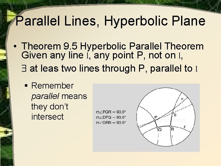 Parallel Lines, Hyperbolic Plane • Theorem 9. 5 Hyperbolic Parallel Theorem Given any line