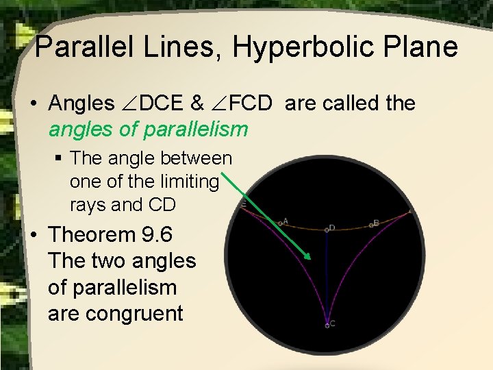 Parallel Lines, Hyperbolic Plane • Angles DCE & FCD are called the angles of