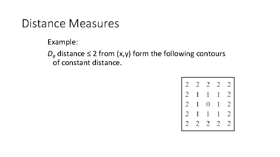 Distance Measures Example: D 8 distance ≤ 2 from (x, y) form the following